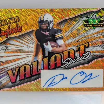 Leaf Valiant Spirit autographed trading card featuring football player Donovan Olugbode, rendered in a gold refractor finish.