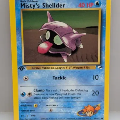 1st Edition Misty's Shellder Pokémon trading card (89/132) from the Gym Heroes set, released by Wizards of the Coast in 2000.