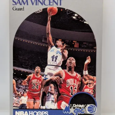 1990-91 Hoops Sam Vincent basketball card #223, famous for featuring Michael Jordan wearing jersey #12 in the foreground.