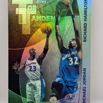 2001-02 Topps Top Tandems foil insert basketball card featuring Michael Jordan and Richard Hamilton in Washington Wizards uniforms.