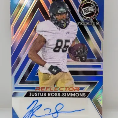 2024 Press Pass Premium Reflector autographed trading card featuring college football player Justus Ross-Simmons.