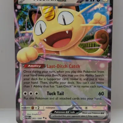 Pokémon Trading Card Game Meowth ex full-art foil card, 062/088 from the 2024 Scarlet & Violet series.