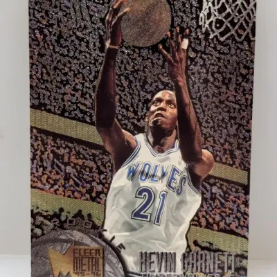 1995-96 Fleer Metal Kevin Garnett rookie basketball card, featuring metallic foil background detailing.