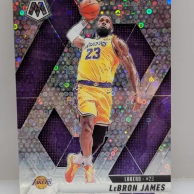 Panini Mosaic LeBron James Los Angeles Lakers basketball trading card featuring a purple mosaic Prizm refractor design.
