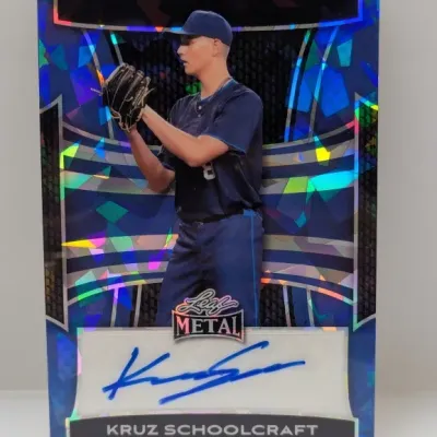 Leaf Metal autographed baseball trading card featuring player Kruz Schoolcraft in a blue refractor parallel finish.
