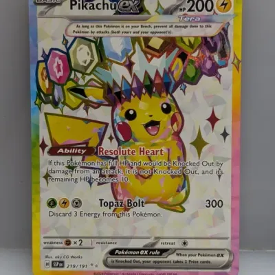 Pokémon TCG Pikachu ex Tera full-art ultra rare trading card from the 2024 Surging Sparks set, numbered 219/191.