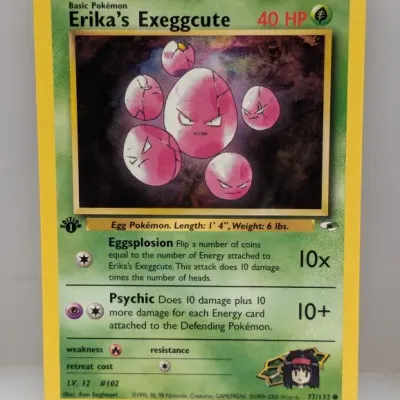 1st Edition Erika's Exeggcute Pokemon trading card, #77/132 from the Gym Heroes set, released by Wizards of the Coast circa 2000.