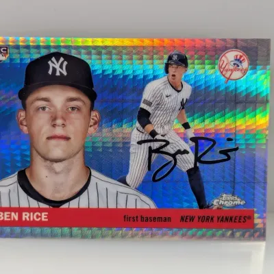 Topps Chrome Ben Rice New York Yankees autographed rookie baseball card featuring a prismatic refractor finish.