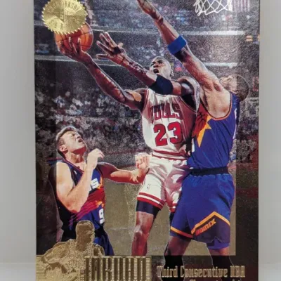 1993-94 Upper Deck Michael Jordan 'Third Consecutive NBA Championship' collectible trading card.