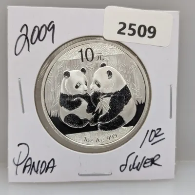 2009 Chinese Silver Panda 10 Yuan coin, containing 1 oz of .999 fine silver, presented in a protective card holder.
