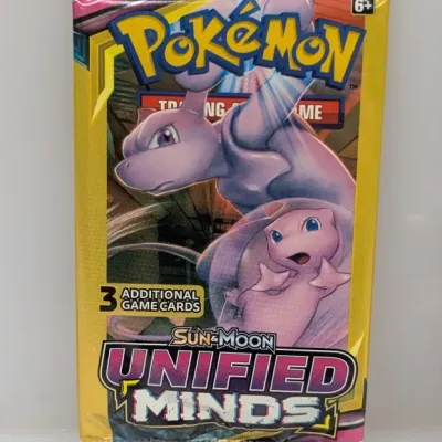 Sealed 3-card sample booster pack of Pokémon Sun & Moon: Unified Minds Trading Card Game, featuring Mewtwo and Mew art.