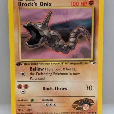 1st Edition Brock's Onix Pokémon trading card from the Gym Heroes set, released by Wizards of the Coast in 2000.
