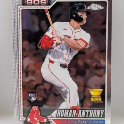 Topps Chrome baseball card featuring Boston Red Sox outfielder Roman Anthony in his batting stance, complete with RC and All-Star Rookie...