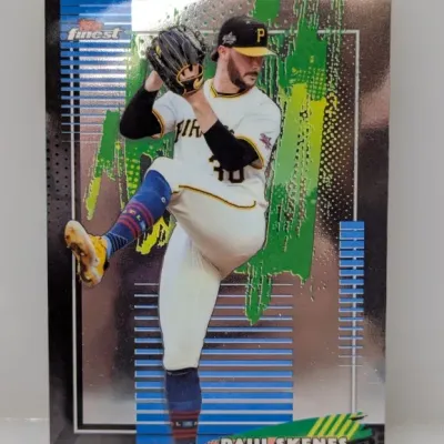 2024 Topps Finest Paul Skenes baseball trading card featuring a chrome finish and green brushstroke design.