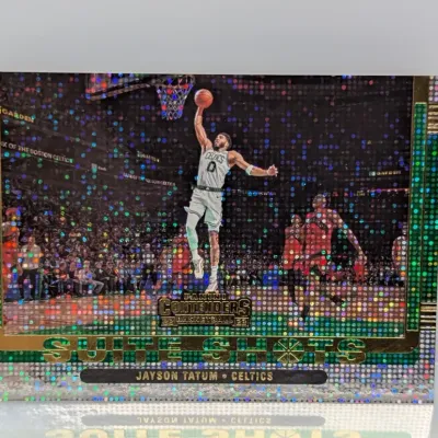 2022-23 Panini Contenders Suite Shots Jayson Tatum basketball trading card featuring a green and silver holo foil design.