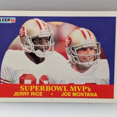 1990 Fleer 'Superbowl MVPs' trading card featuring Jerry Rice and Joe Montana of the San Francisco 49ers.