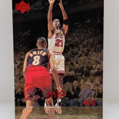 1997-98 Upper Deck MJ3 Michael Jordan basketball trading card, featuring an in-game action photo against the Atlanta Hawks.