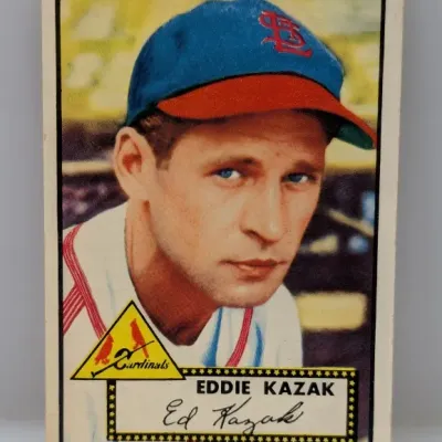 1952 Topps #123 Eddie Kazak vintage baseball trading card featuring his portrait in a St. Louis Cardinals uniform.
