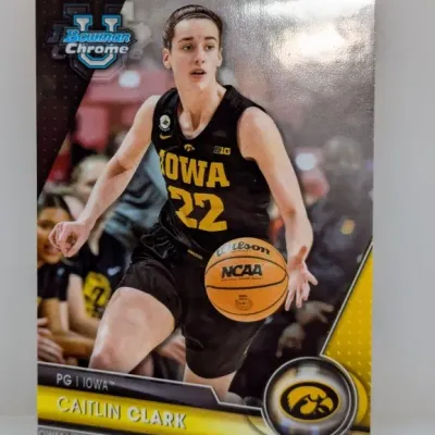 2022–23 Bowman Chrome University Caitlin Clark Iowa Hawkeyes trading card.