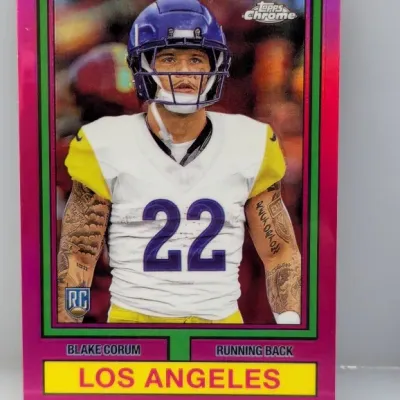 2024 Topps Chrome Blake Corum magenta refractor rookie trading card featuring the Los Angeles Rams running back.