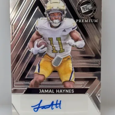 2024 Press Pass Premium autographed football trading card featuring Jamal Haynes in a Georgia Tech uniform.