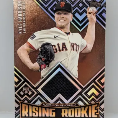 Topps Rising Rookie Kyle Harrison San Francisco Giants baseball card featuring player-worn memorabilia insert.