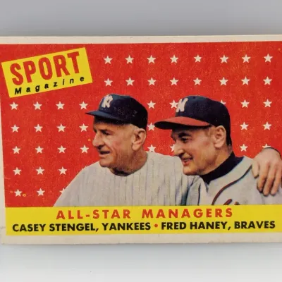 1958 Topps All-Star Managers baseball card (#487) featuring Casey Stengel and Fred Haney.