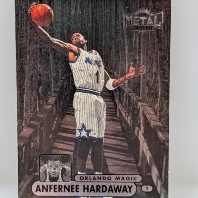1997-98 Metal Universe Anfernee 'Penny' Hardaway #1 trading card, featuring the Orlando Magic guard with signature metallic...