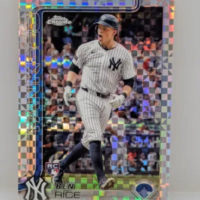 Ben Rice 2024 Topps Chrome X-Fractor rookie baseball card featuring the New York Yankees.