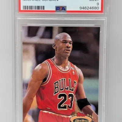 PSA-graded 9 Mint 1992 Topps Stadium Club Members Choice Michael Jordan basketball card #210, encapsulated in a protective slab.