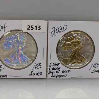 Two 1 oz American Silver Eagle coins in protective flips, including a 2004 hologram version and a 2020 coin with 24kt gold layering.
