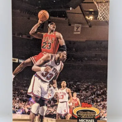 1992-93 Topps Stadium Club Michael Jordan #210 basketball card, featuring the iconic action photo over Patrick Ewing.