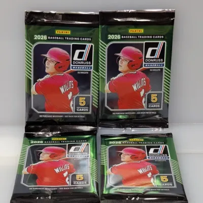 Four sealed foil packs of 2026 Panini Donruss Baseball trading cards, each containing 5 cards featuring Eli Willits on the packaging.