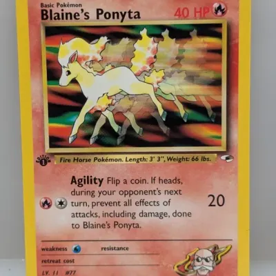 1st Edition Blaine's Ponyta #63/132 Pokémon trading card from the 2000 Gym Heroes set.