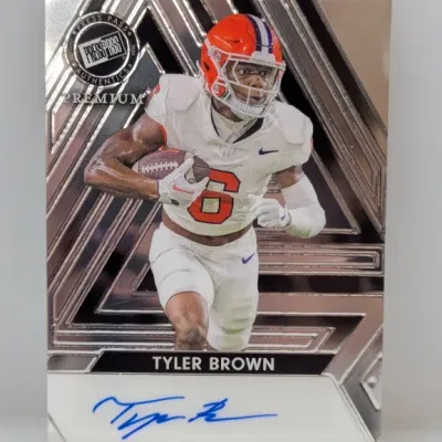 2024 Press Pass Premium autographed football card featuring Tyler Brown in a Clemson Tigers uniform.