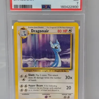 PSA 7 Near Mint graded 1999 Pokémon Game Dragonair #18 trading card in a protective slab.