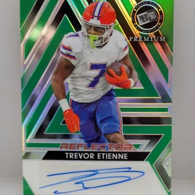 2024 Press Pass Premium Reflector Trevor Etienne autographed football trading card with a green foil finish.