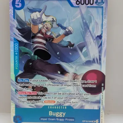 One Piece Card Game Buggy super rare character card (OP16-048 SR) in clean, ungraded condition.