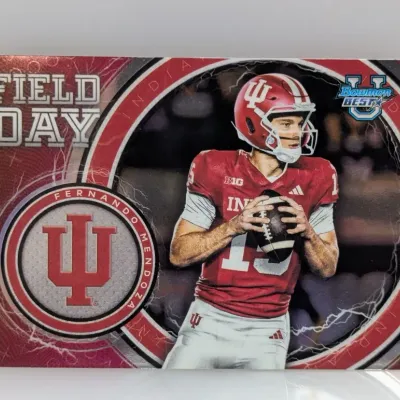 Bowman Best University Field Day Fernando Mendoza Indiana Hoosiers football trading card.