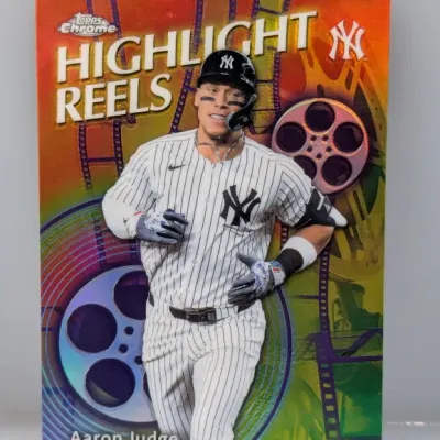 Aaron Judge Topps Chrome Highlight Reels trading card in excellent condition with vibrant rainbow refractor finish.