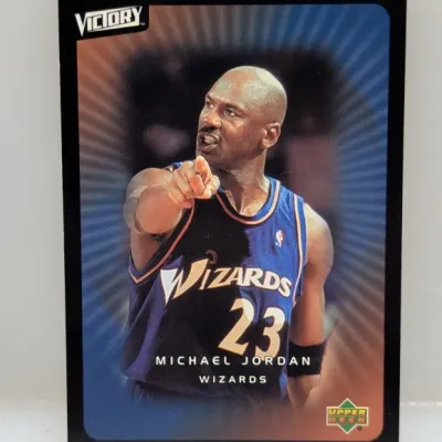 2002-03 Upper Deck Victory Michael Jordan #100 trading card featuring Jordan in his Washington Wizards jersey.