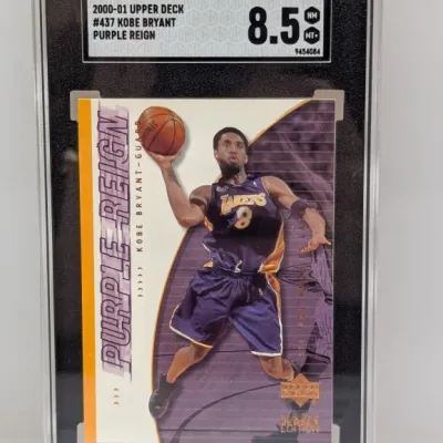 SGC 8.5 graded 2000-01 Upper Deck #437 Kobe Bryant Purple Reign trading card in protective slab.