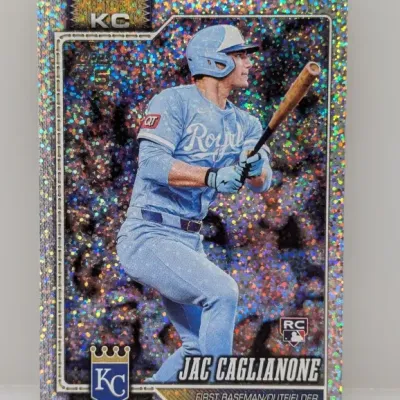 Topps Jac Caglianone Kansas City Royals rookie baseball card with a glitter refractor finish.