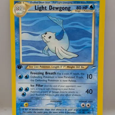 1st Edition Light Dewgong #45/105 Pokémon trading card from the Neo Destiny expansion set, illustrated by Masako Yamashita.