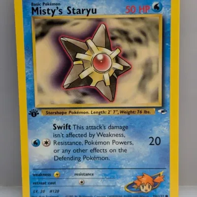 1st Edition Misty's Staryu Pokémon trading card (#90/132) from the 2000 Gym Heroes set.