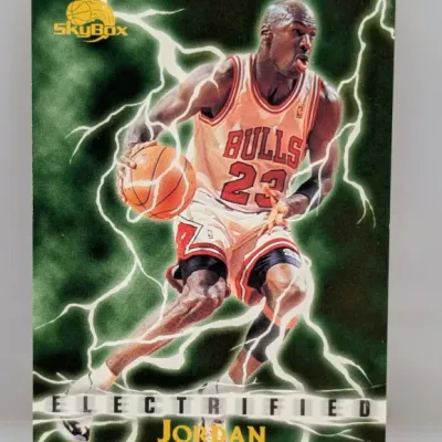 1990s SkyBox Michael Jordan 'Electrified' Chicago Bulls trading card featuring a green lightning graphic background.