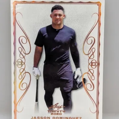2020 Leaf Trinity Jasson Dominguez baseball trading card with ornate foil border detail.