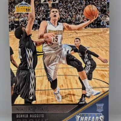 2015-16 Panini Threads Nikola Jokić rookie trading card (#15, Denver Nuggets) in excellent condition.
