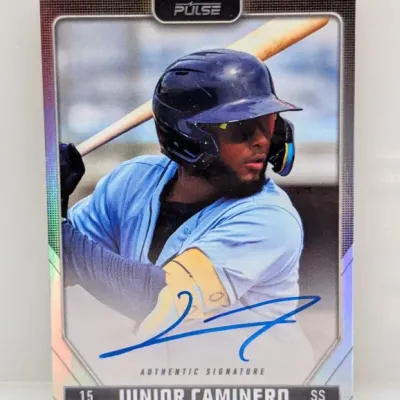 Pulse Junior Caminero Tampa Bay Rays autographed baseball trading card featuring an authentic signature in blue ink.