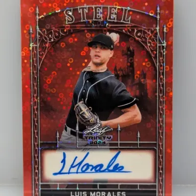 2024 Leaf Trinity Steel Luis Morales autographed baseball card featuring a red sparkle foil design.